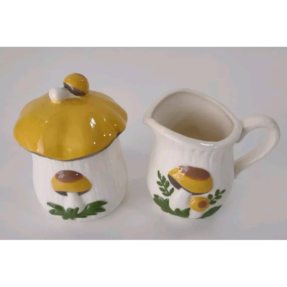 Vintage Arnel's Mushroom Cream & Sugar Set Dishes Creamer Sugar Bowl w/lid 2.5